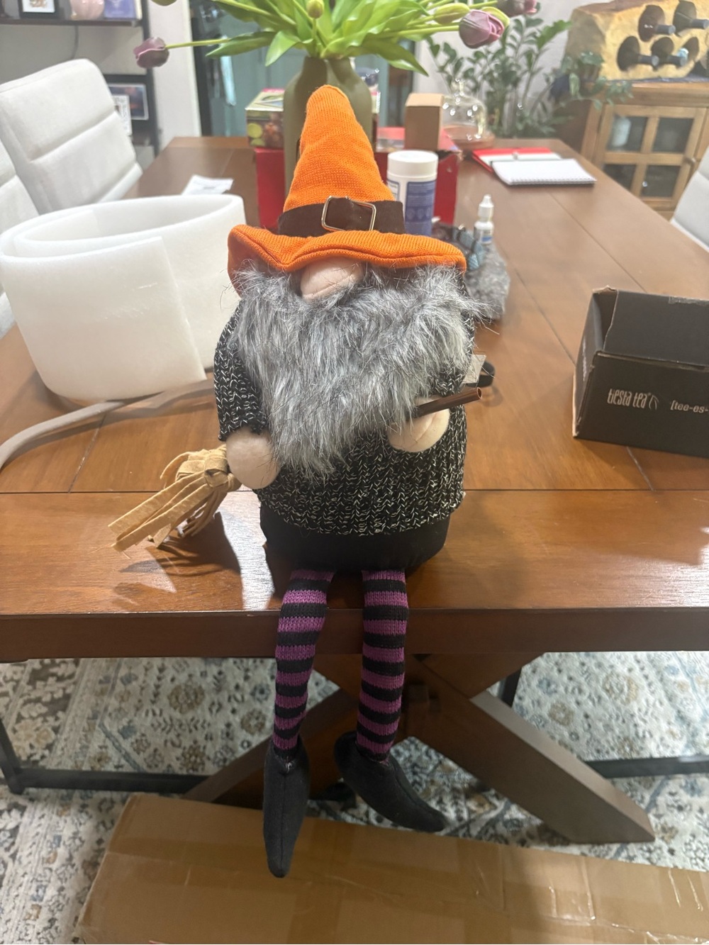 Halloween Gnome Plush with Orange Hat and Purple-Black Striped Legs